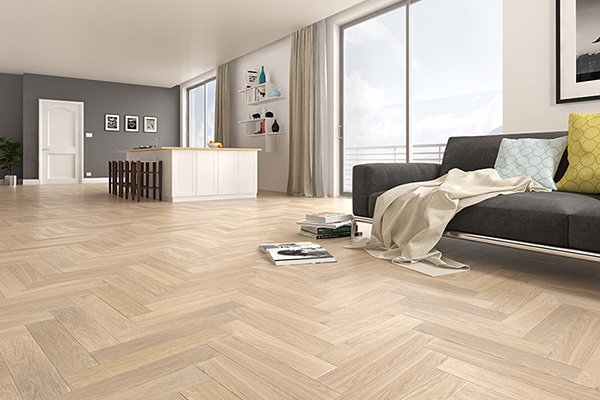 Photo d'un grand salon lumineux avec un parquet en pointe de Hongrie